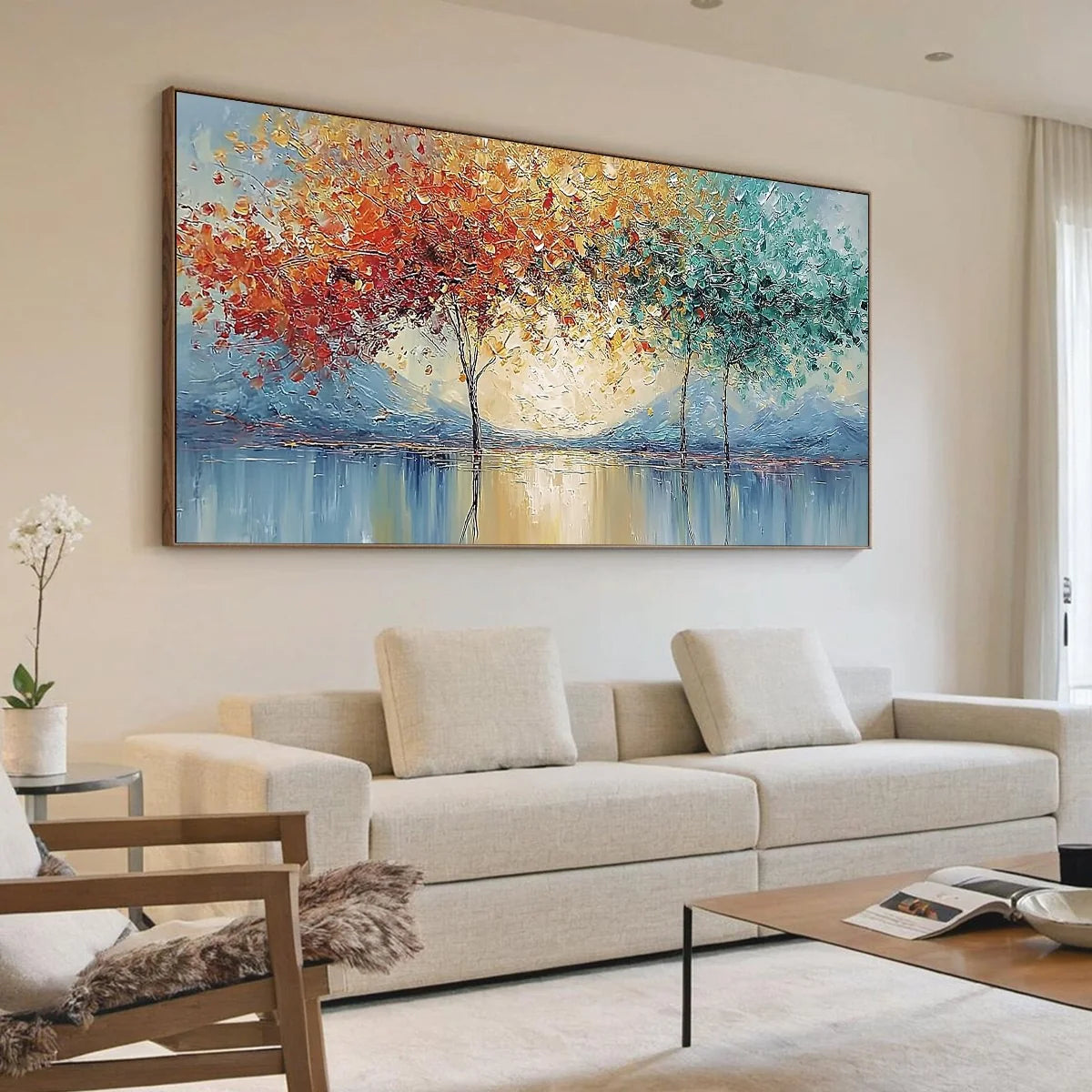 EMBER AND JADE: Textured Long Horizontal Landscape Painting of Trees | black frame version on white wall