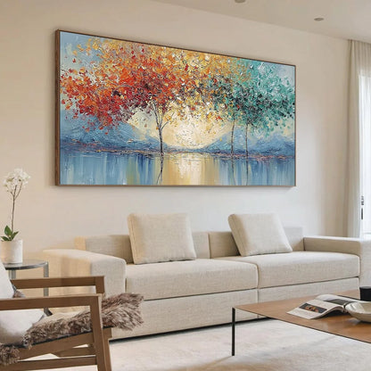 EMBER AND JADE: Textured Long Horizontal Landscape Painting of Trees | black frame version on white wall