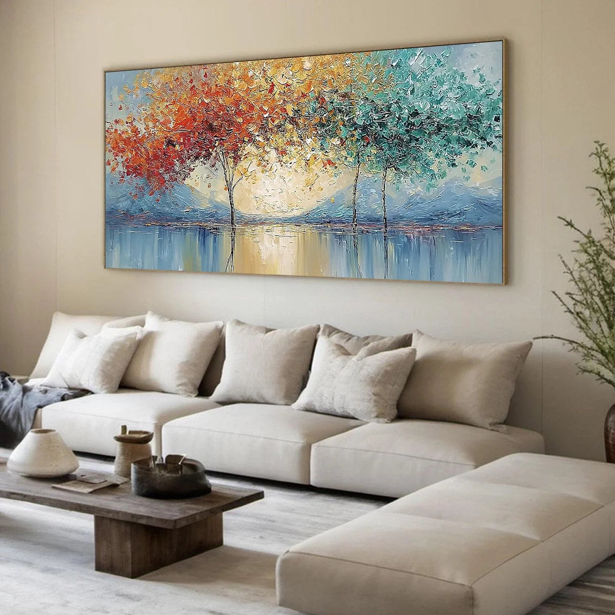 EMBER AND JADE: Textured Long Horizontal Landscape Painting of Trees | Landscape mood, soft natural light studio shot
