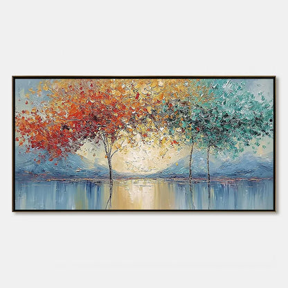 EMBER AND JADE: Textured Long Horizontal Landscape Painting of Trees | hanging in EMBER AND JADE: Textured Long Horizontal Landscape Painting of Trees featuring layered textured brushwork in refine...
