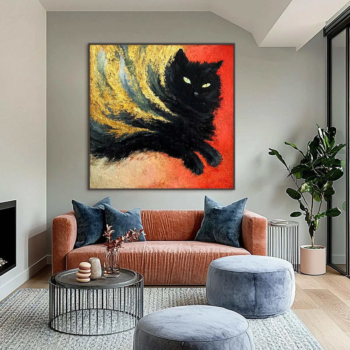 EMBER EYES: Bold Abstract Black Cat Painting with Gold Leaf | Abstract closeup, raised brushwork detail