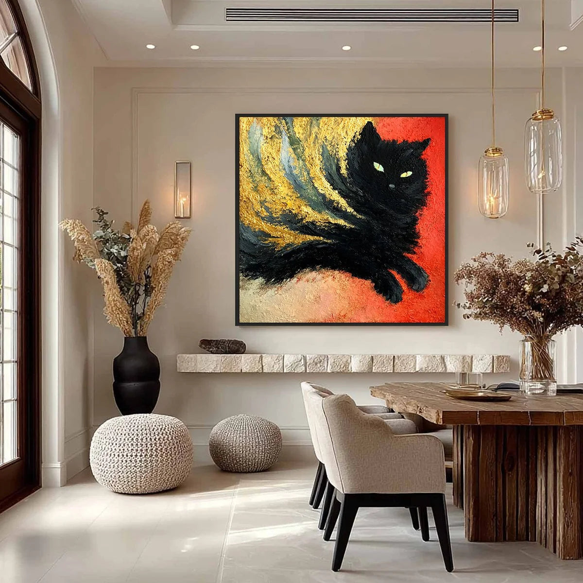 EMBER EYES: Bold Abstract Black Cat Painting with Gold Leaf | gold frame stretched on neutral wall