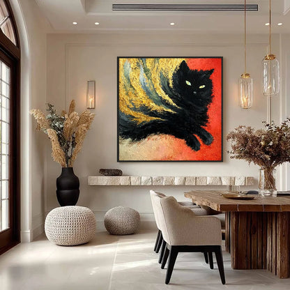 EMBER EYES: Bold Abstract Black Cat Painting with Gold Leaf | gold frame stretched on neutral wall