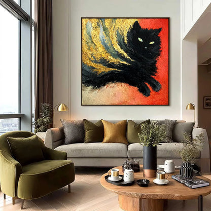 EMBER EYES: Bold Abstract Black Cat Painting with Gold Leaf | black frame version on white wall