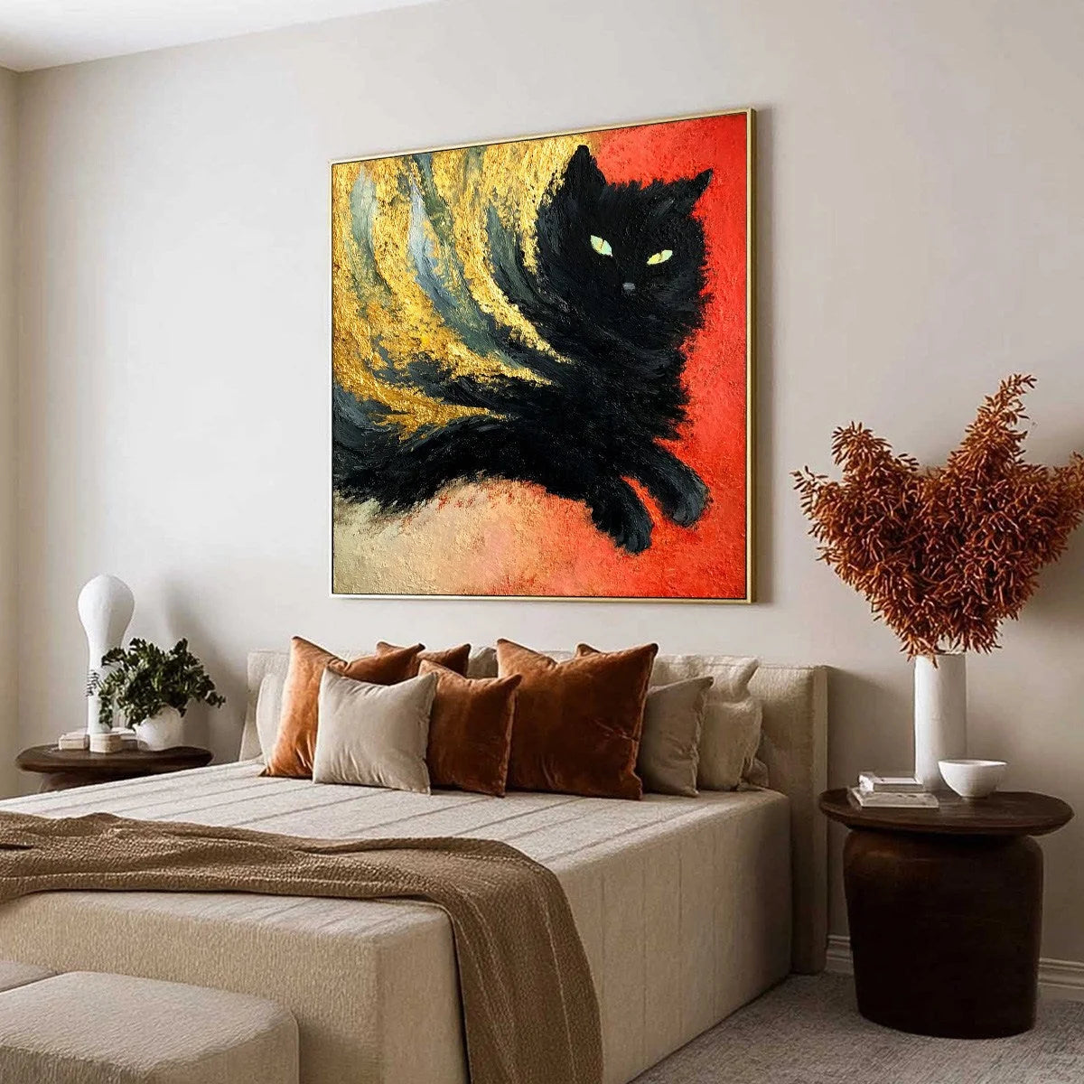 EMBER EYES: Bold Abstract Black Cat Painting with Gold Leaf | Abstract mood, soft natural light studio shot