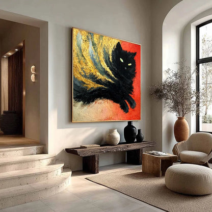 EMBER EYES: Bold Abstract Black Cat Painting with Gold Leaf | yellow palette, original Hand-painted on premium stretched canvas using artist-grade oils; rich layered surface combines smooth gradien...