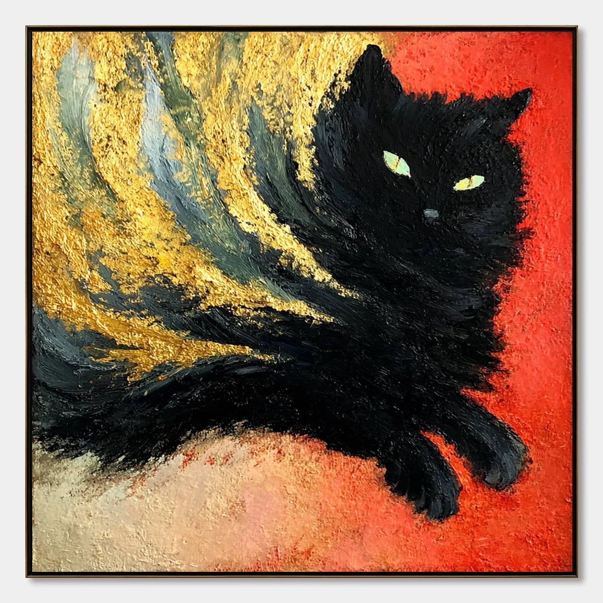 EMBER EYES: Bold Abstract Black Cat Painting with Gold Leaf | hanging in EMBER EYES: Bold Abstract Black Cat Painting with Gold Leaf featuring layered textured brushwork in refined tones; abstract ...