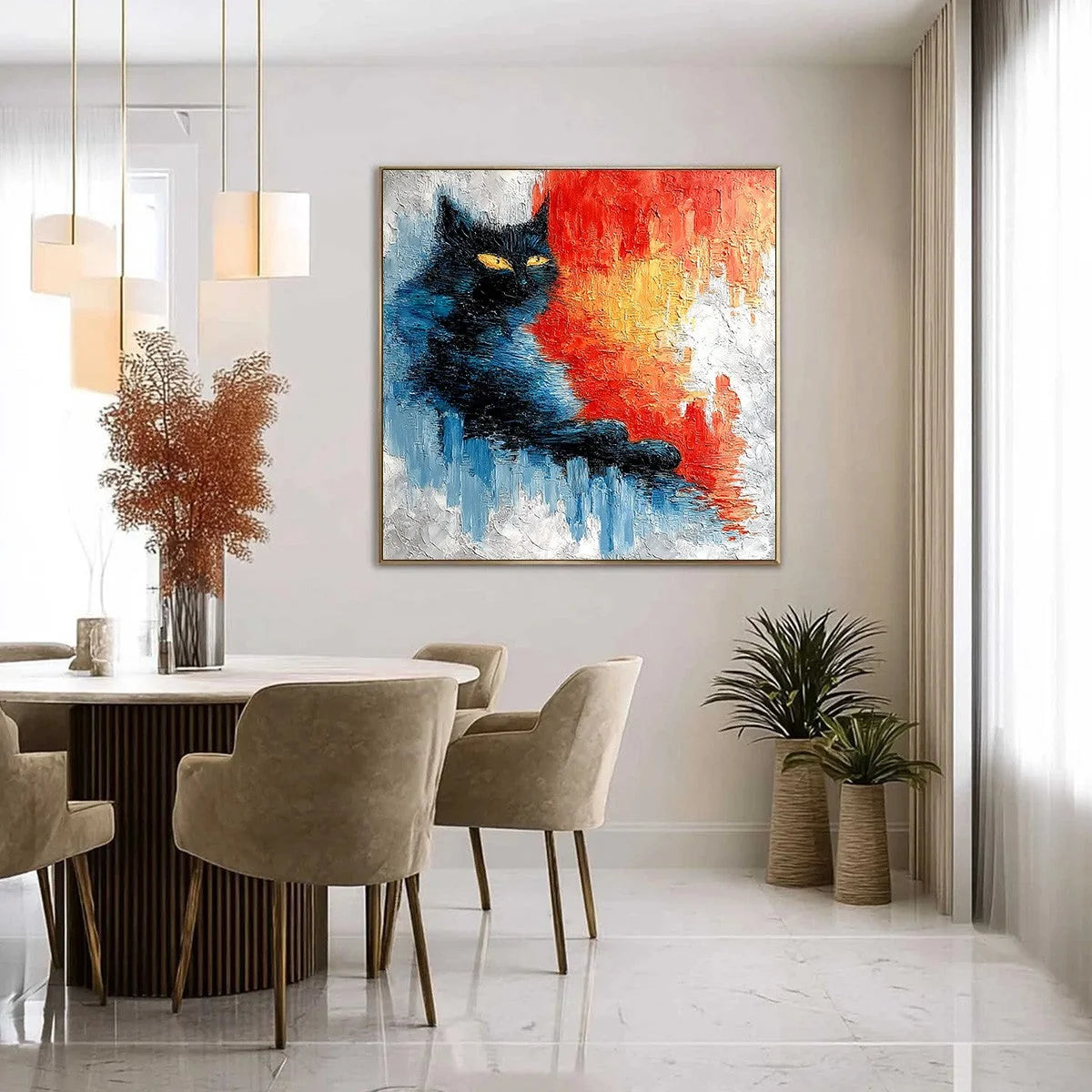 EMBER EYES: Textured Impasto Black Cat Painting on Canvas | gold frame stretched on neutral wall