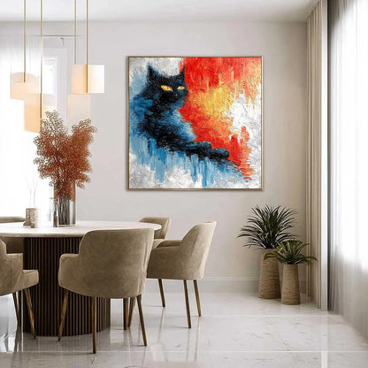EMBER EYES: Textured Impasto Black Cat Painting on Canvas | gold frame stretched on neutral wall