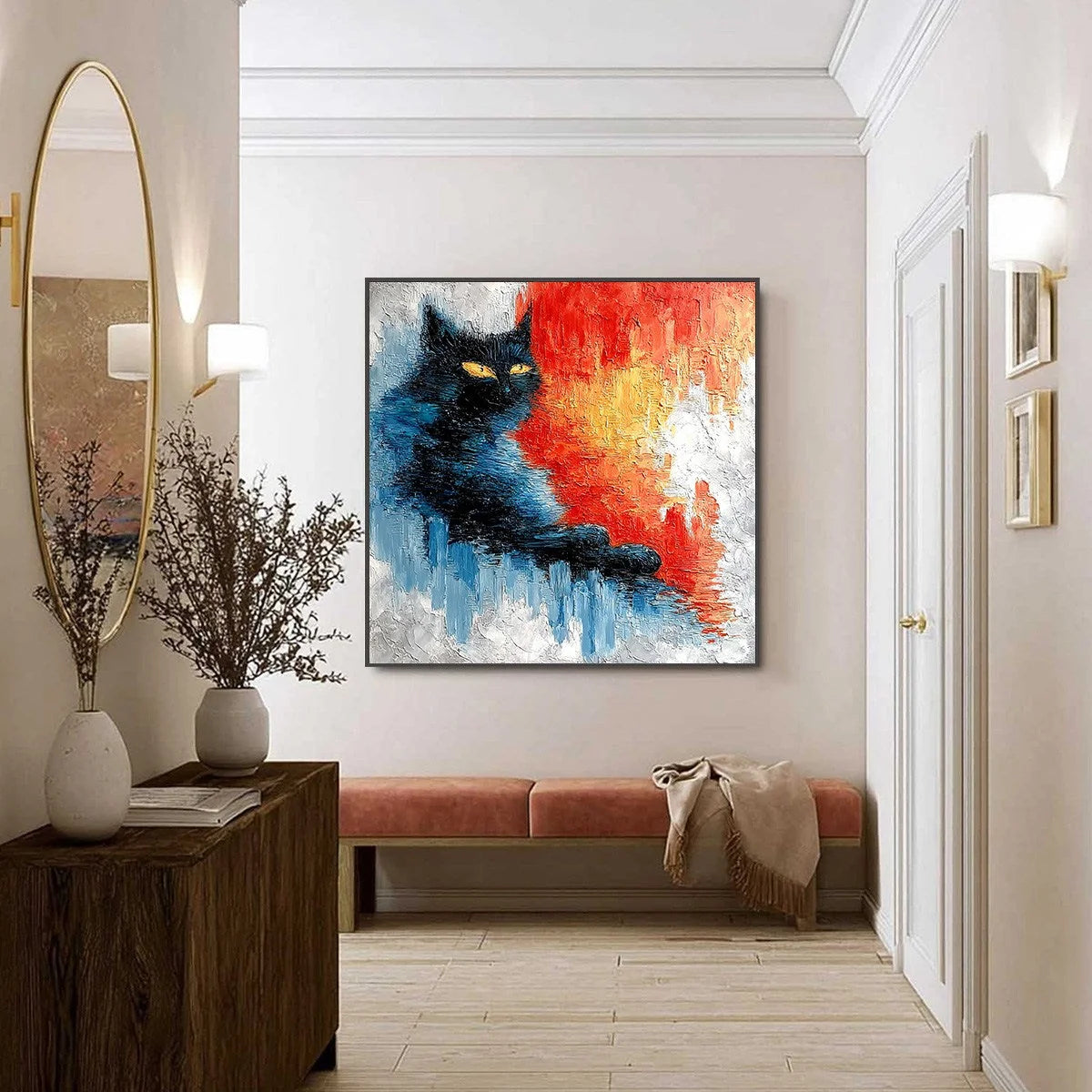 EMBER EYES: Textured Impasto Black Cat Painting on Canvas | black frame version on white wall