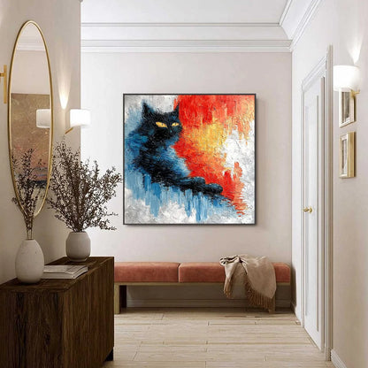 EMBER EYES: Textured Impasto Black Cat Painting on Canvas | black frame version on white wall