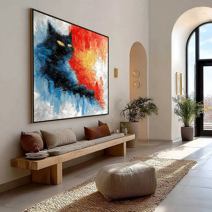 EMBER EYES: Textured Impasto Black Cat Painting on Canvas | Abstract mood, soft natural light studio shot