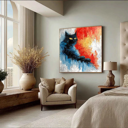 EMBER EYES: Textured Impasto Black Cat Painting on Canvas | beige palette, original Hand-painted on premium stretched canvas using artist-grade oils; rich layered surface combines smooth gradients ...