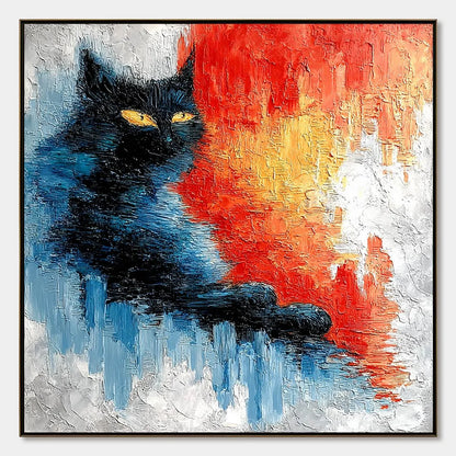 EMBER EYES: Textured Impasto Black Cat Painting on Canvas | hanging in EMBER EYES: Textured Impasto Black Cat Painting on Canvas featuring layered textured brushwork in refined tones; abstract comp...