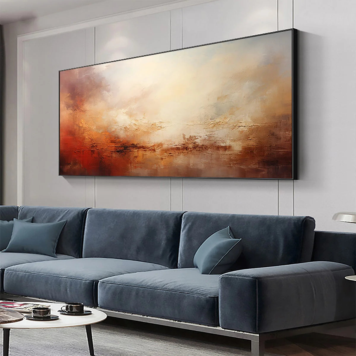 EMBER SKY: Abstract Landscape Textured Oil Painting in Warm Tones | gold frame stretched on neutral wall