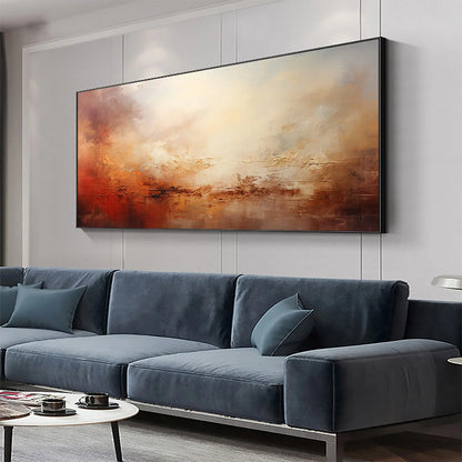 EMBER SKY: Abstract Landscape Textured Oil Painting in Warm Tones | gold frame stretched on neutral wall