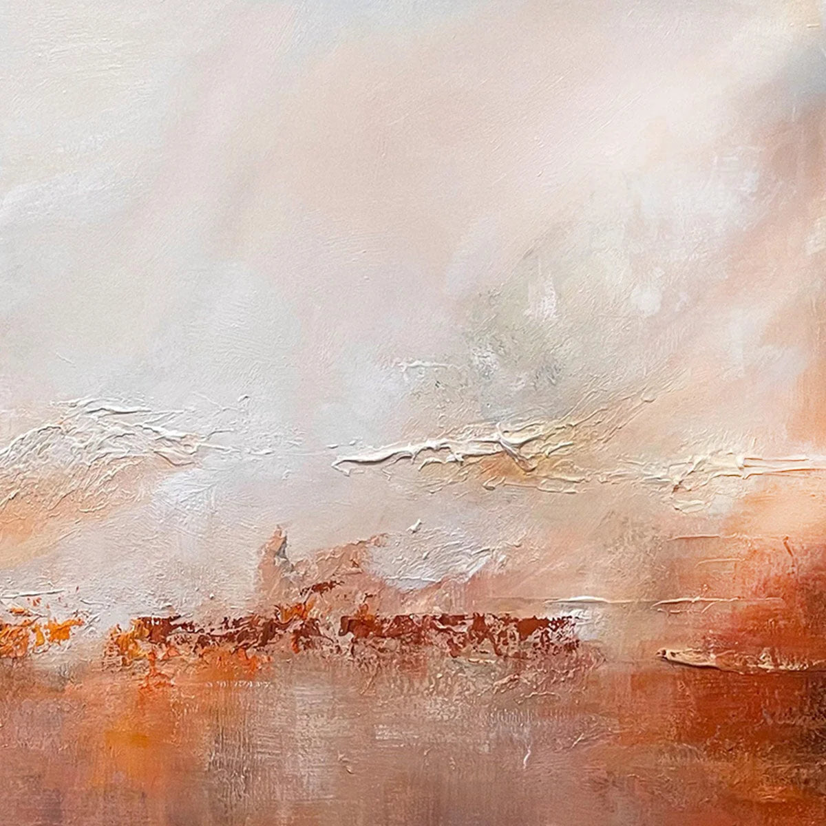 EMBER SKY: Abstract Landscape Textured Oil Painting in Warm Tones | black frame version on white wall
