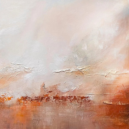 EMBER SKY: Abstract Landscape Textured Oil Painting in Warm Tones | black frame version on white wall
