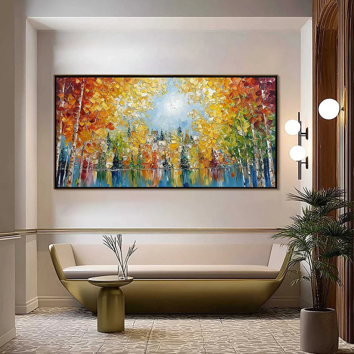 EMBERGLOW FOREST: Textured Palette Knife Autumn Forest Landscape Painting | gold frame stretched on neutral wall