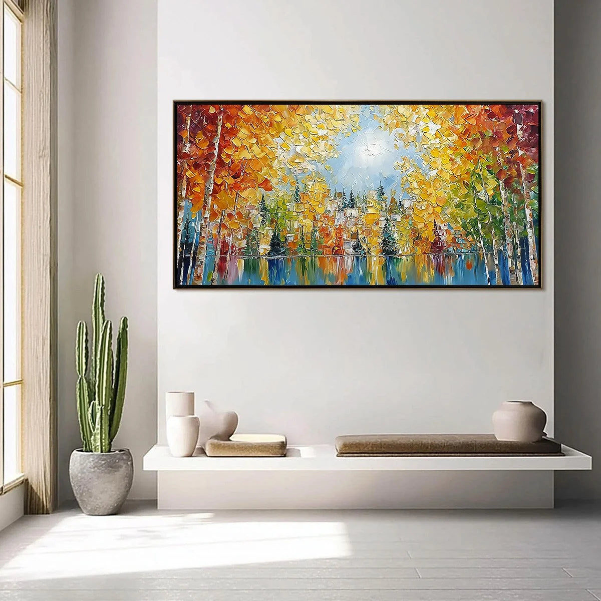 EMBERGLOW FOREST: Textured Palette Knife Autumn Forest Landscape Painting | black frame version on white wall