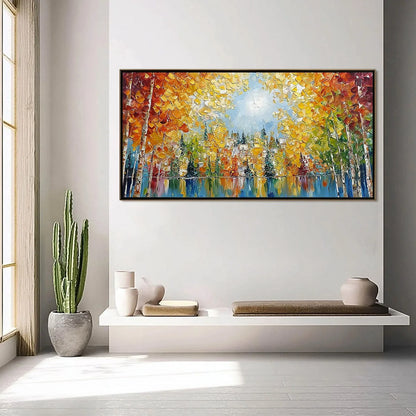 EMBERGLOW FOREST: Textured Palette Knife Autumn Forest Landscape Painting | black frame version on white wall
