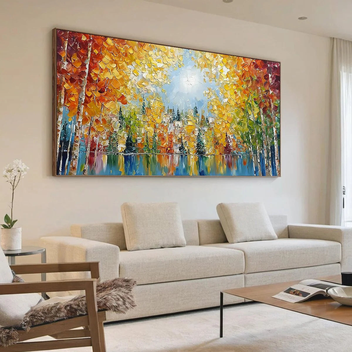 EMBERGLOW FOREST: Textured Palette Knife Autumn Forest Landscape Painting | Landscape mood, soft natural light studio shot