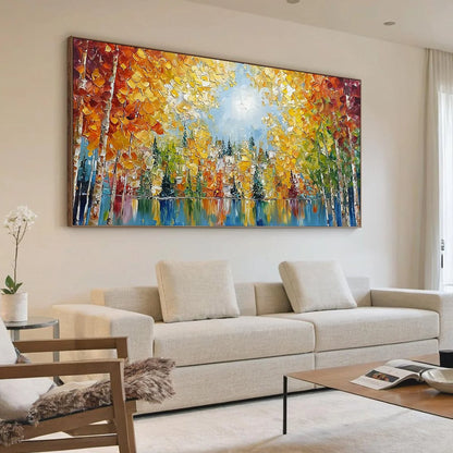 EMBERGLOW FOREST: Textured Palette Knife Autumn Forest Landscape Painting | Landscape mood, soft natural light studio shot