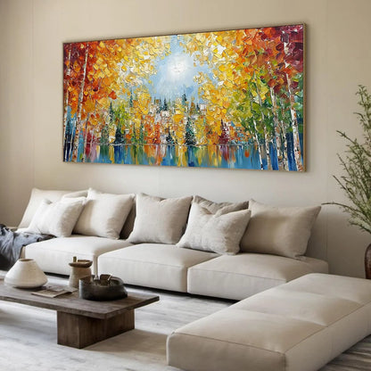 EMBERGLOW FOREST: Textured Palette Knife Autumn Forest Landscape Painting | green palette, original Hand-painted on premium stretched canvas using artist-grade oils; rich layered surface combines s...