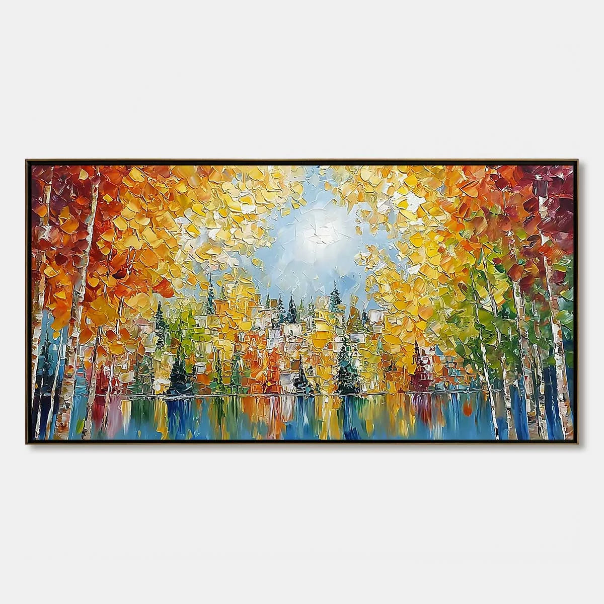 EMBERGLOW FOREST: Textured Palette Knife Autumn Forest Landscape Painting | hanging in EMBERGLOW FOREST: Textured Palette Knife Autumn Forest Landscape Painting featuring layered textured brushwork...