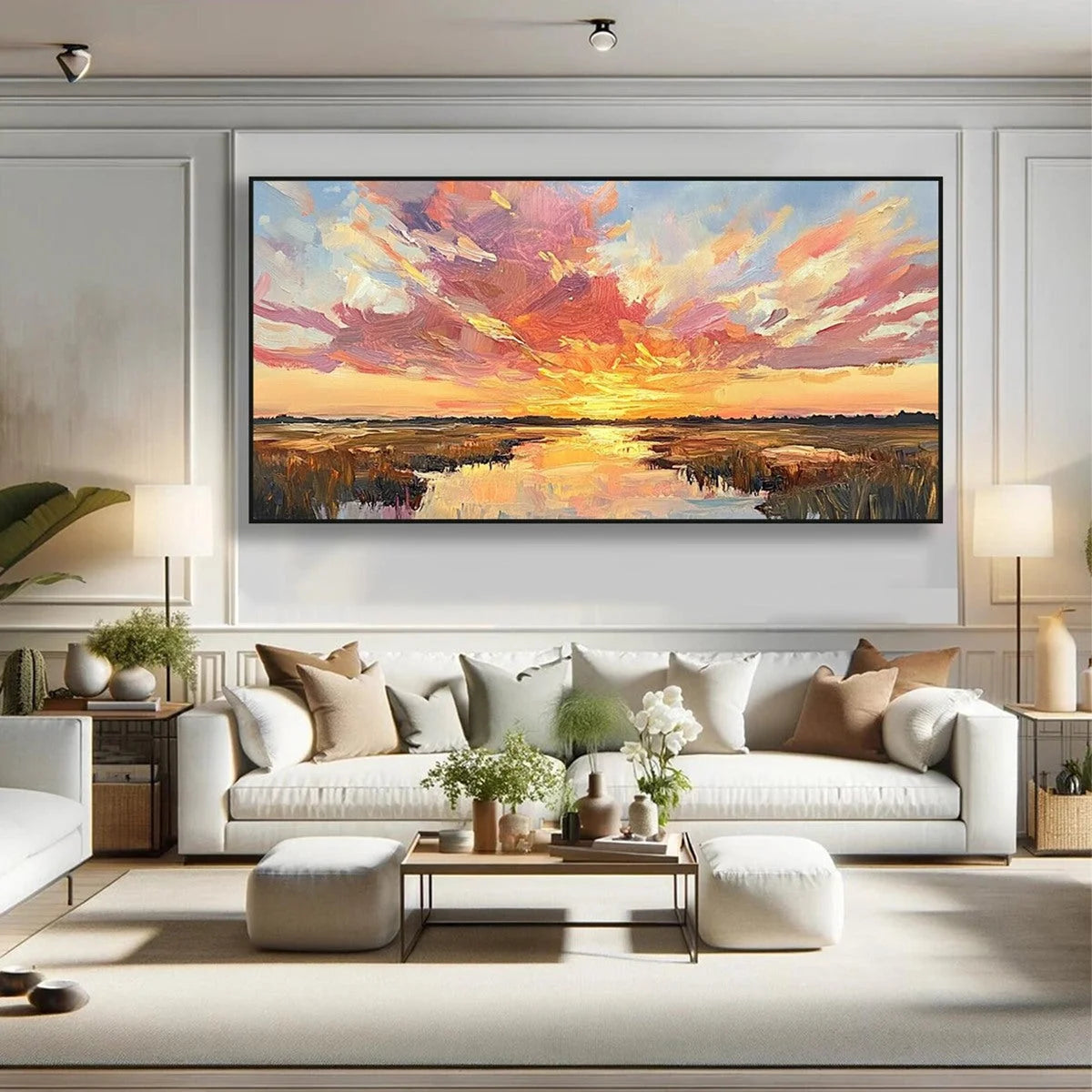 EMBERGLOW MARSH: Colorful Palette Knife Sunset Landscape Painting | Landscape closeup, raised brushwork detail