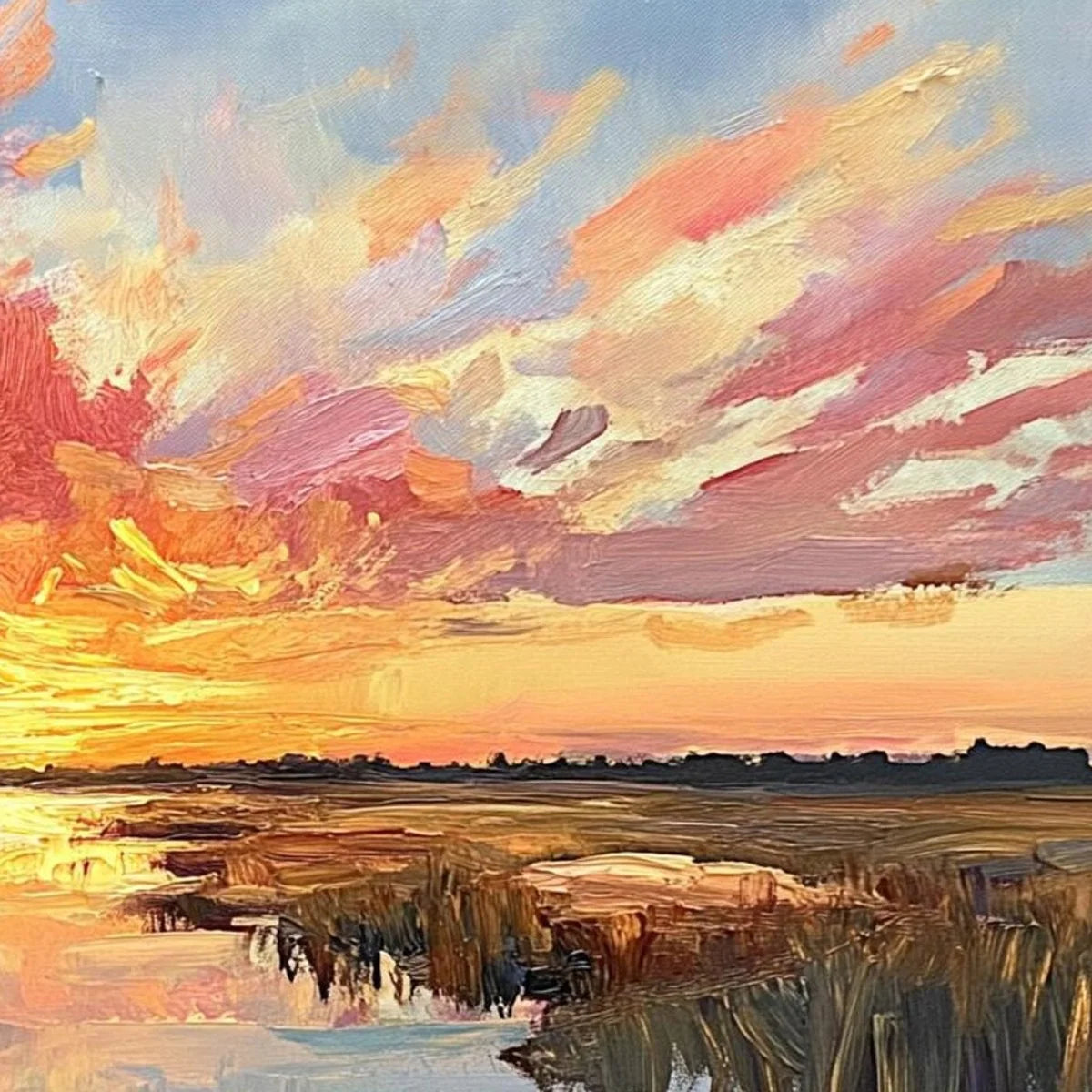 EMBERGLOW MARSH: Colorful Palette Knife Sunset Landscape Painting | rectangular format, hand-painted canvas edge