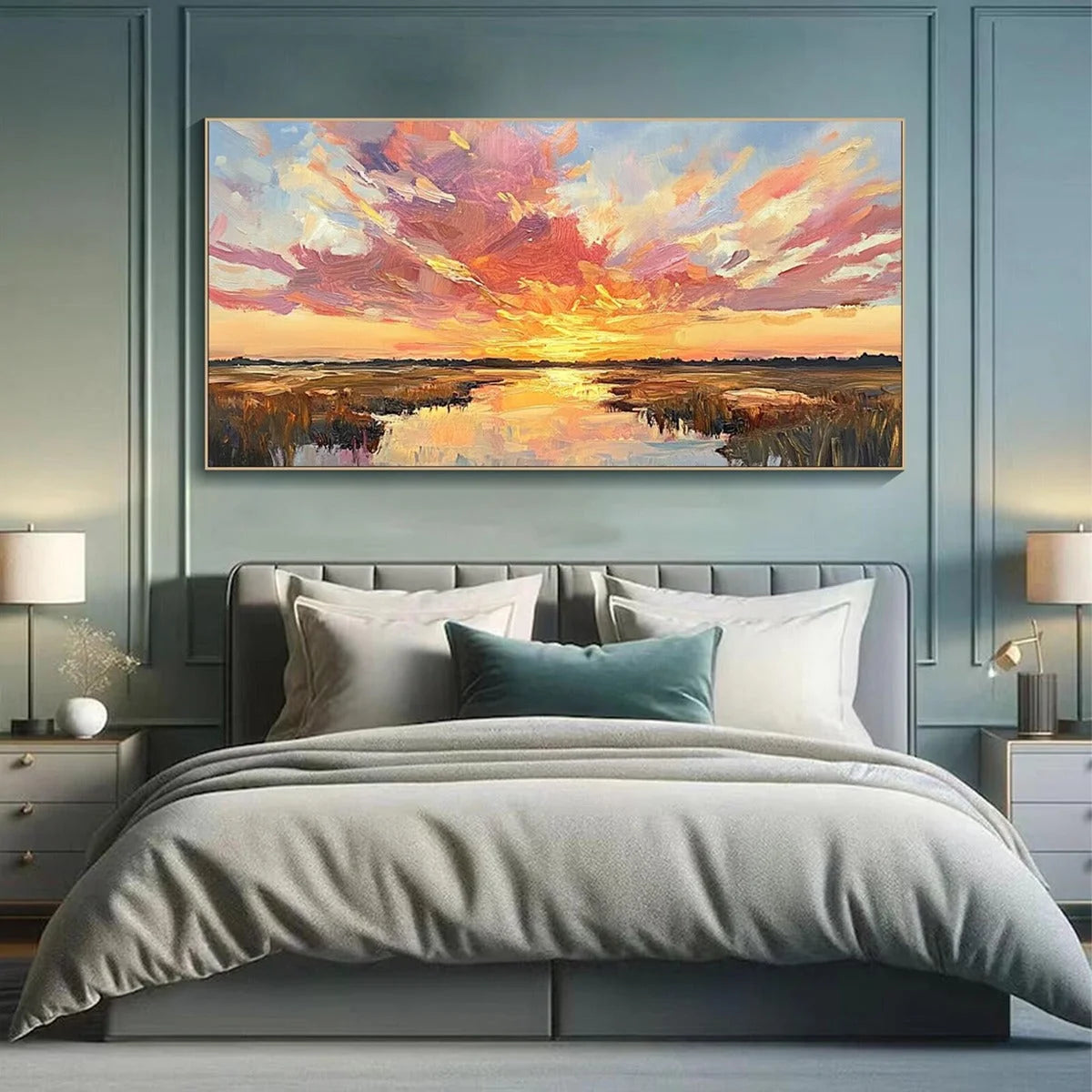 EMBERGLOW MARSH: Colorful Palette Knife Sunset Landscape Painting | gold frame stretched on neutral wall