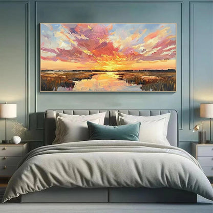 EMBERGLOW MARSH: Colorful Palette Knife Sunset Landscape Painting | gold frame stretched on neutral wall