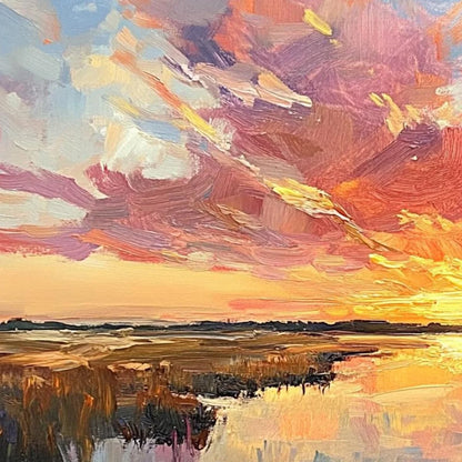 EMBERGLOW MARSH: Colorful Palette Knife Sunset Landscape Painting | rolled canvas, ready for custom framing