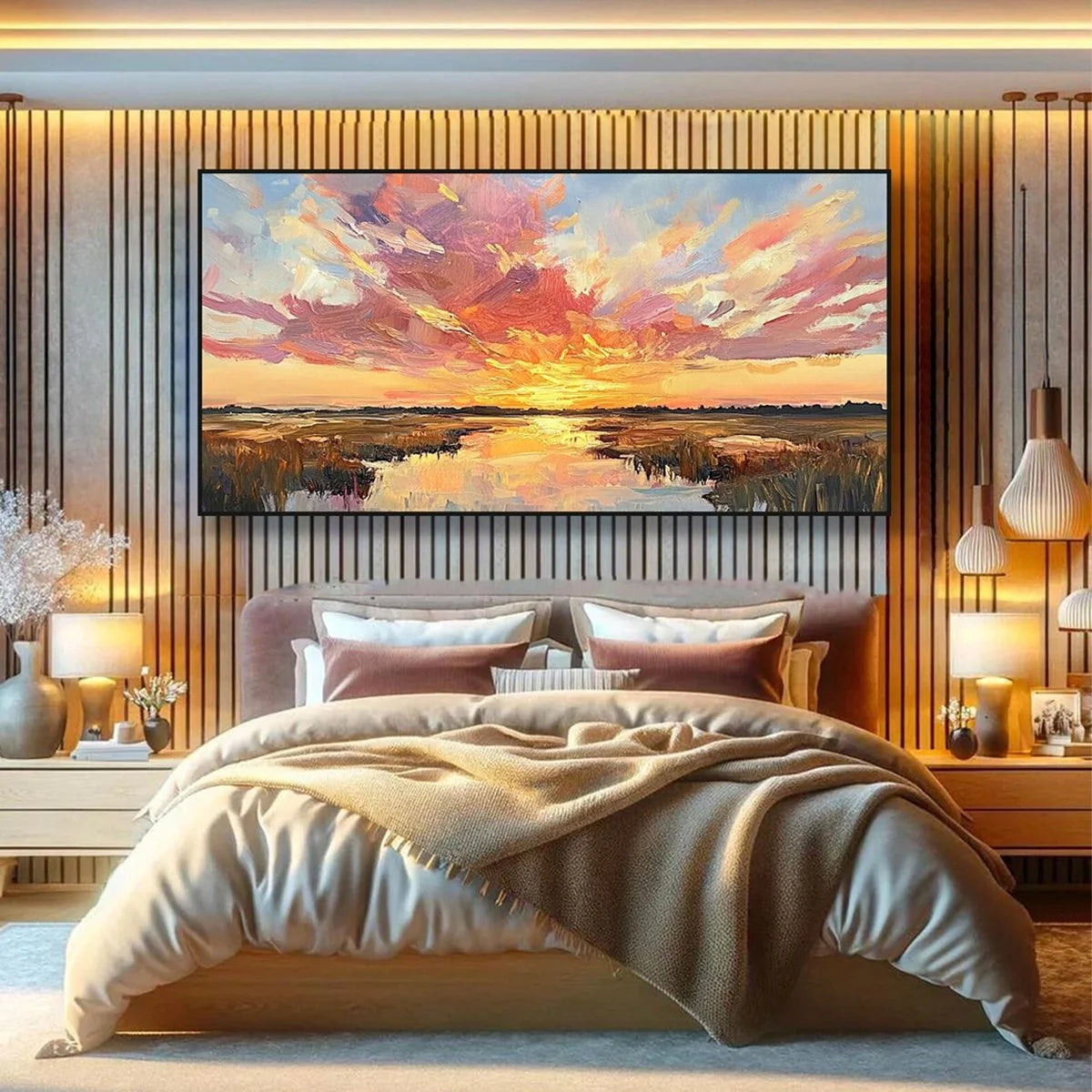 EMBERGLOW MARSH: Colorful Palette Knife Sunset Landscape Painting | black frame version on white wall