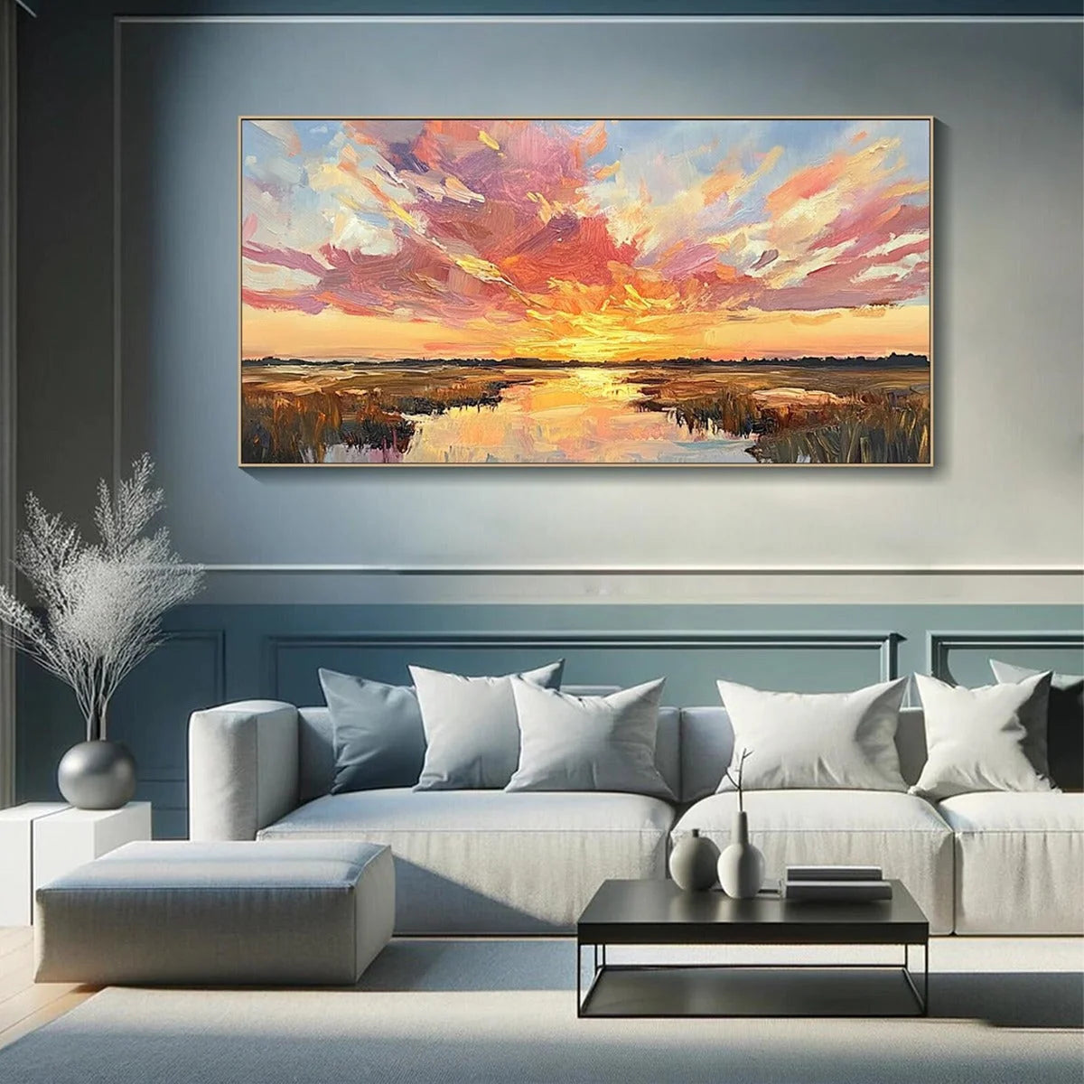 EMBERGLOW MARSH: Colorful Palette Knife Sunset Landscape Painting | Landscape mood, soft natural light studio shot