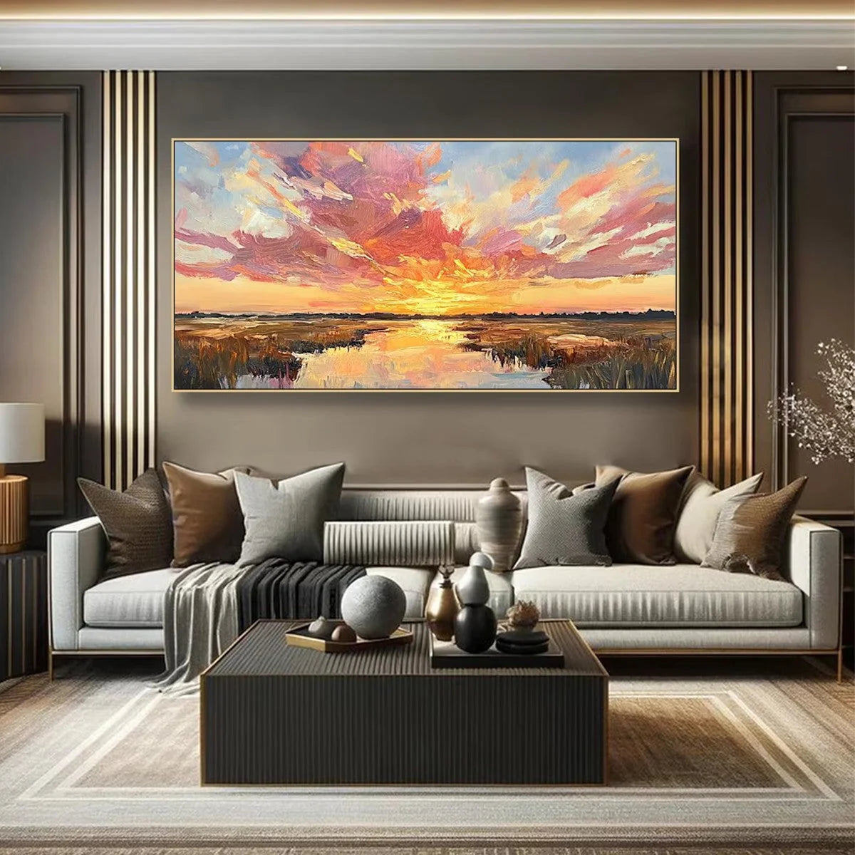 EMBERGLOW MARSH: Colorful Palette Knife Sunset Landscape Painting | beige palette, original Hand-painted on premium stretched canvas using artist-grade oils; rich layered surface combines smooth gr...