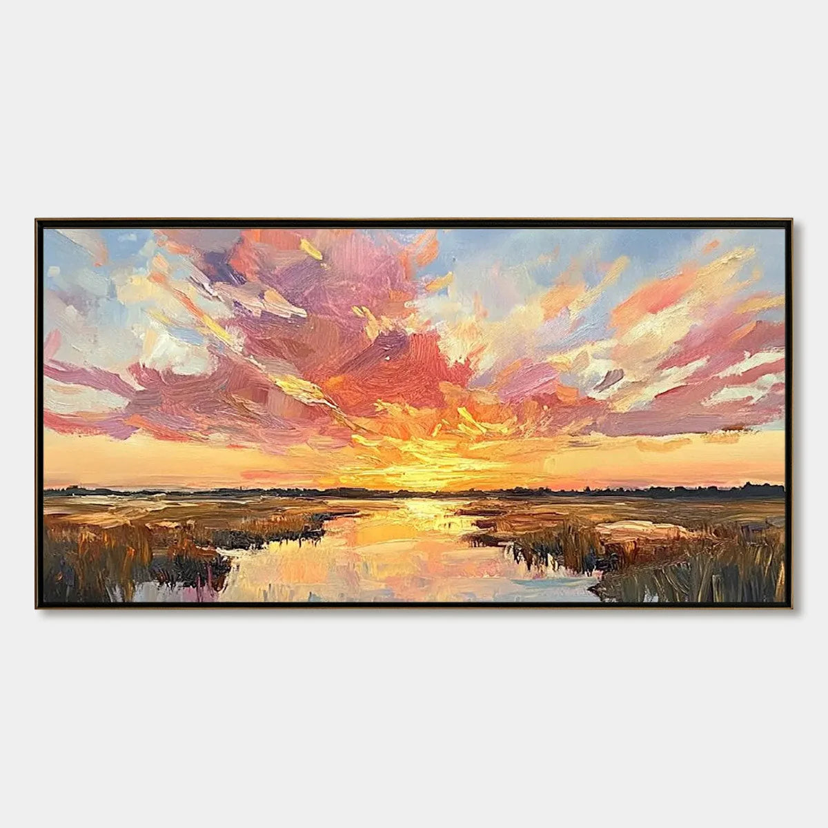 EMBERGLOW MARSH: Colorful Palette Knife Sunset Landscape Painting | hanging in EMBERGLOW MARSH: Colorful Palette Knife Sunset Landscape Painting featuring layered textured brushwork in refined tone...