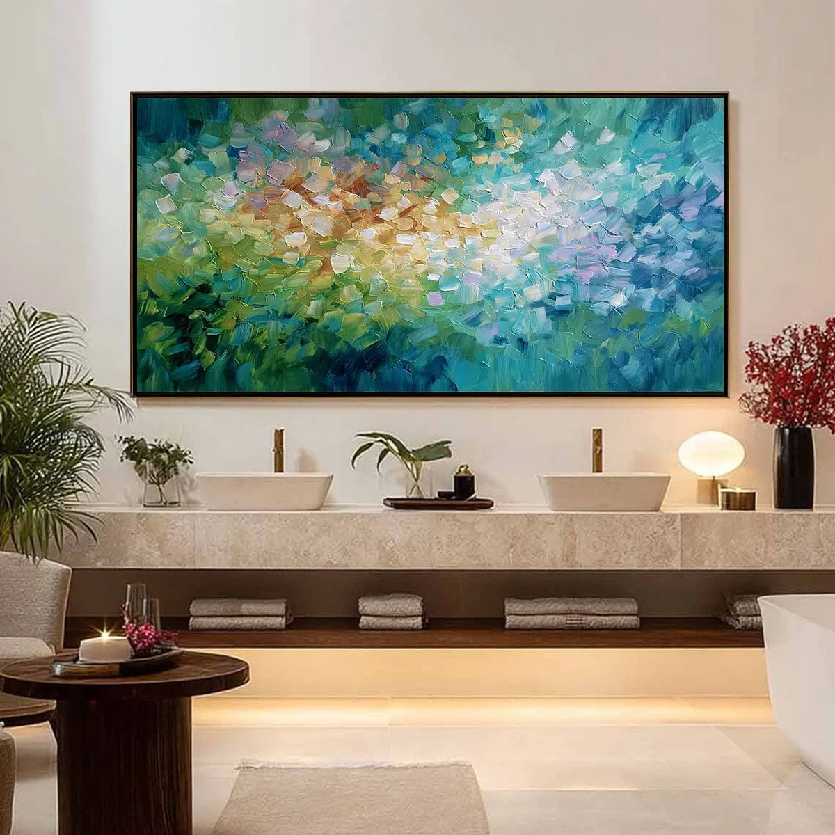 EMERALD BLOOM: Colorful Textured Abstract Floral Palette Knife Painting | gold frame stretched on neutral wall