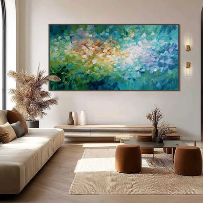 EMERALD BLOOM: Colorful Textured Abstract Floral Palette Knife Painting | black frame version on white wall