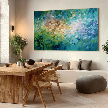 EMERALD BLOOM: Colorful Textured Abstract Floral Palette Knife Painting | Abstract mood, soft natural light studio shot