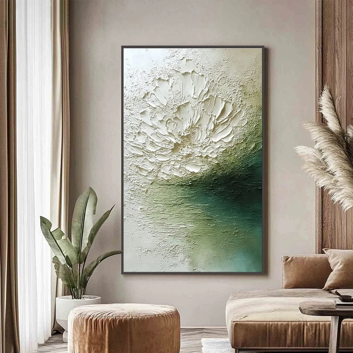 EMERALD BLOOM: Textured Wabi Sabi Floral Abstract Wall Art | Abstract closeup, raised brushwork detail