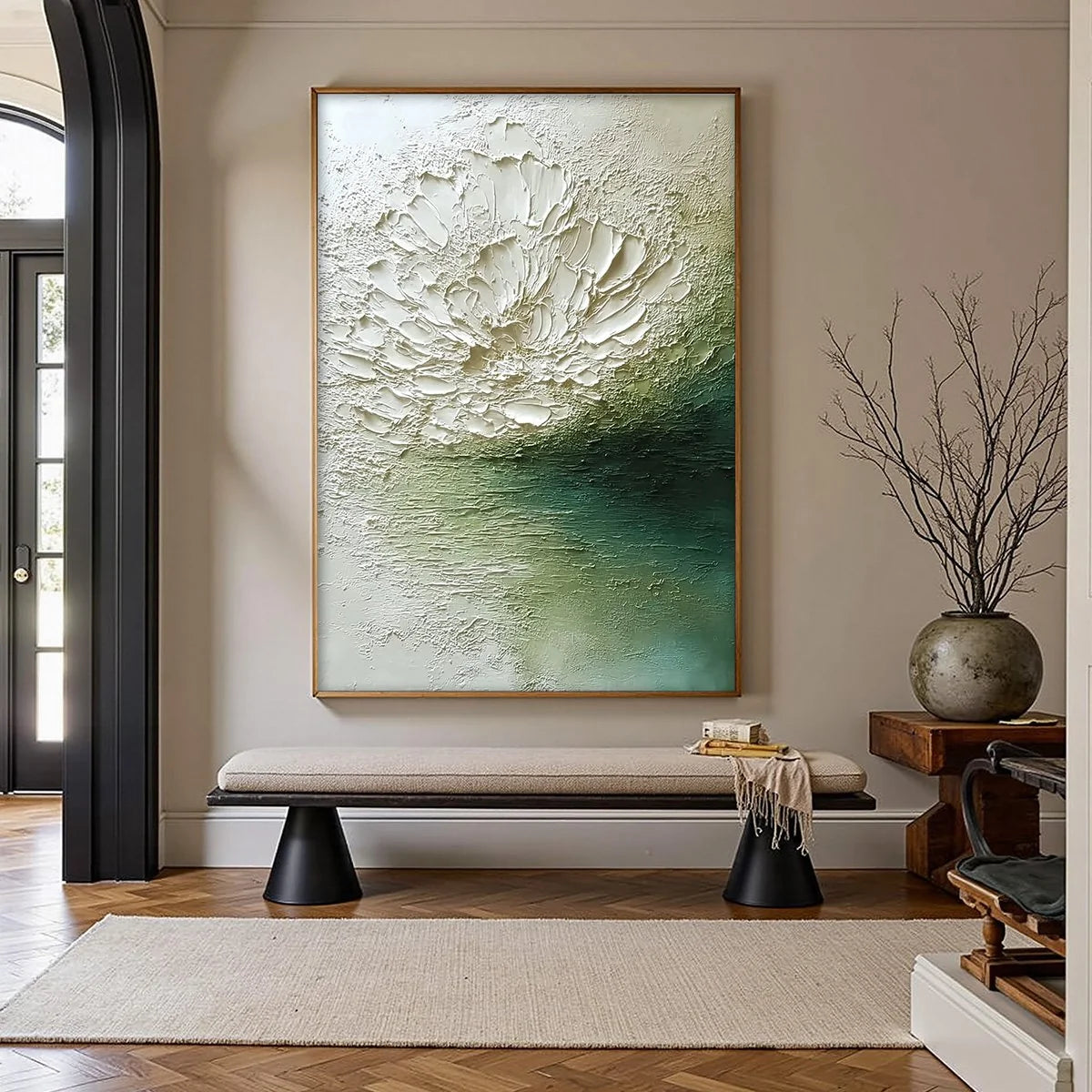 EMERALD BLOOM: Textured Wabi Sabi Floral Abstract Wall Art | gold frame stretched on neutral wall