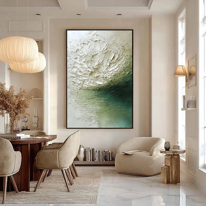 EMERALD BLOOM: Textured Wabi Sabi Floral Abstract Wall Art | black frame version on white wall