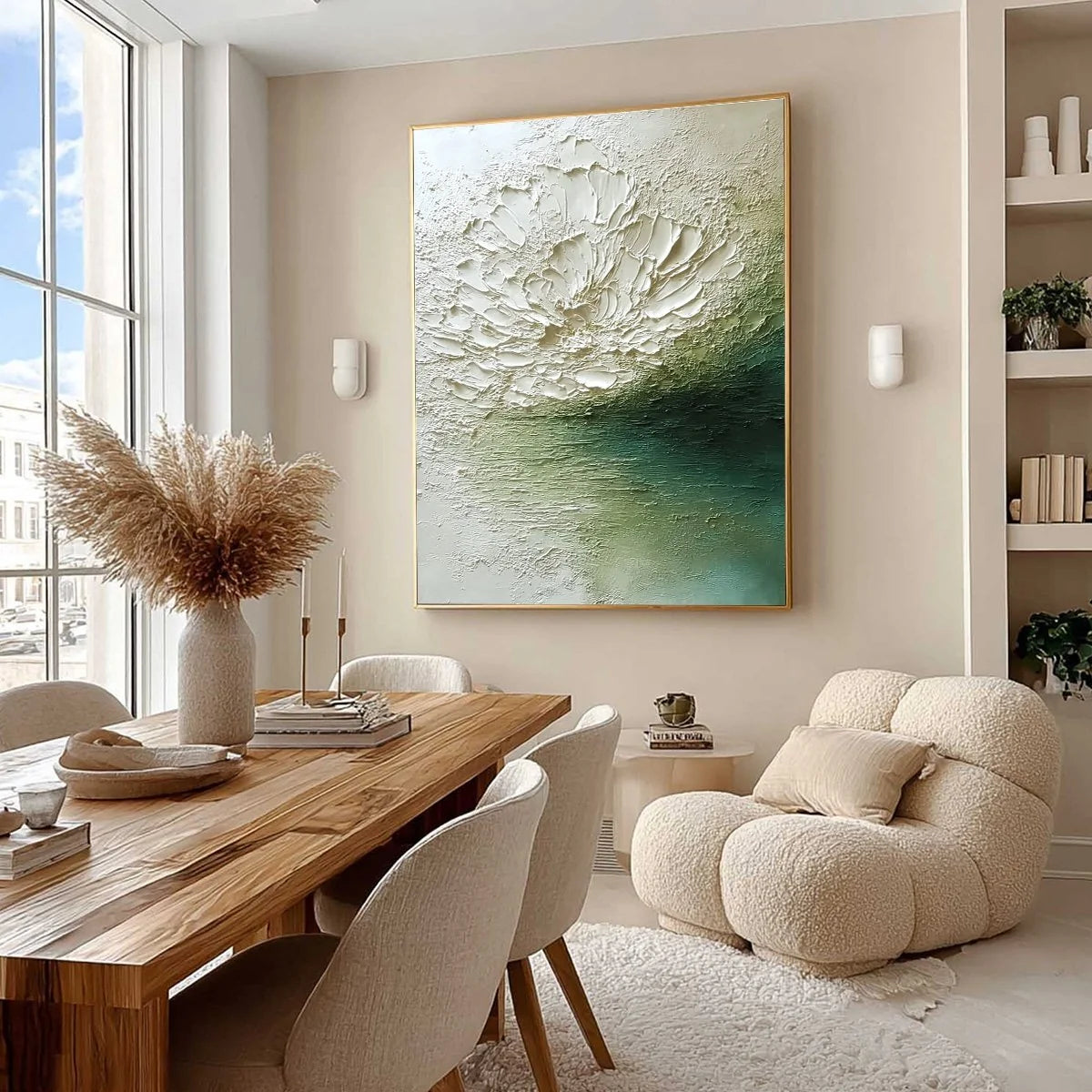 EMERALD BLOOM: Textured Wabi Sabi Floral Abstract Wall Art | Abstract mood, soft natural light studio shot