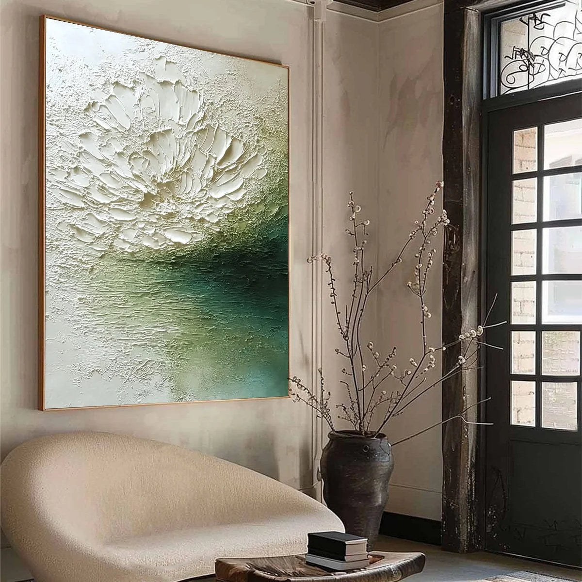 EMERALD BLOOM: Textured Wabi Sabi Floral Abstract Wall Art | green palette, original Hand-painted on premium stretched canvas using artist-grade oils; rich layered surface combines smooth gradients...