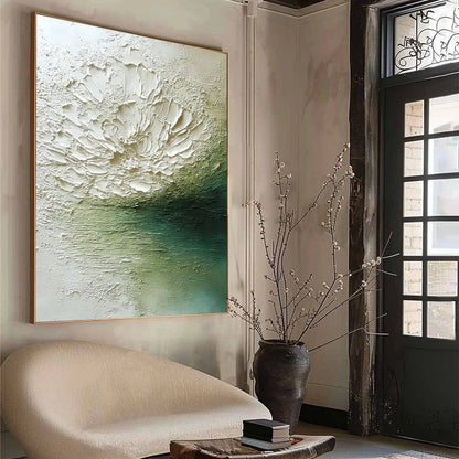 EMERALD BLOOM: Textured Wabi Sabi Floral Abstract Wall Art | green palette, original Hand-painted on premium stretched canvas using artist-grade oils; rich layered surface combines smooth gradients...