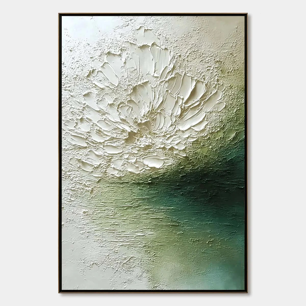 EMERALD BLOOM: Textured Wabi Sabi Floral Abstract Wall Art | hanging in EMERALD BLOOM: Textured Wabi Sabi Floral Abstract Wall Art featuring layered textured brushwork in refined tones; abstract co...