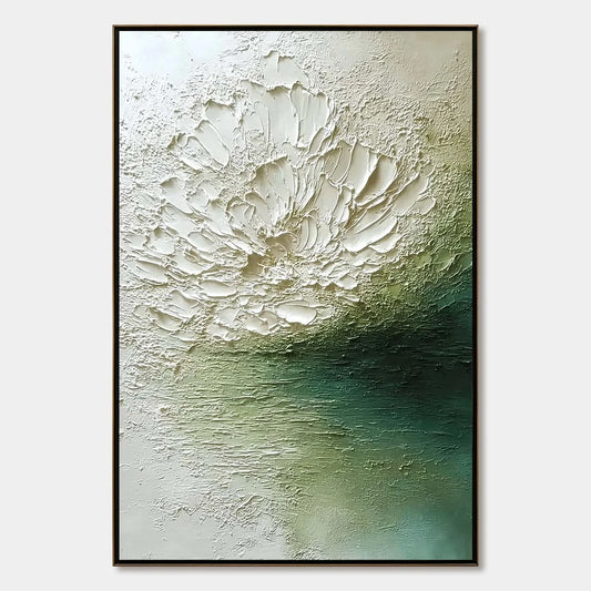 EMERALD BLOOM: Textured Wabi Sabi Floral Abstract Wall Art | hanging in EMERALD BLOOM: Textured Wabi Sabi Floral Abstract Wall Art featuring layered textured brushwork in refined tones; abstract co...