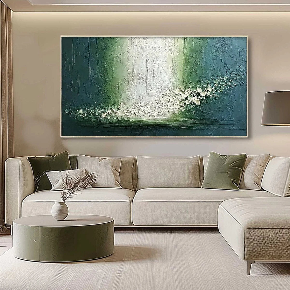EMERALD CASCADE: Large Textured Wabi Sabi Abstract Painting | gold frame stretched on neutral wall